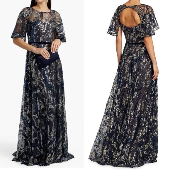 MARCHESA NOTTE DRESS GOWN FLORAL WEDDING GUEST BLUE FORMAL EVENING MAXI LONG - Picture 1 of 16